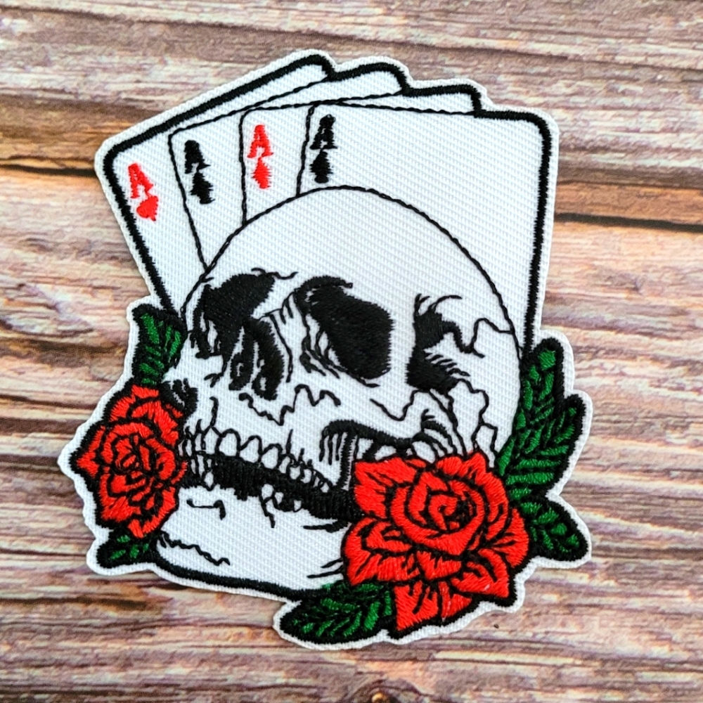 Rockabilly Cards Rose Skull Retro Tattoo Biker Embroidered Iron on Patch